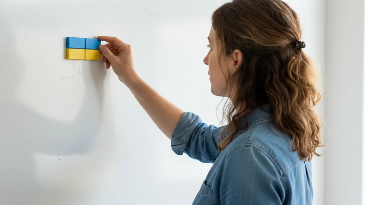Workshop facilitator maps an AI text detector review process on a blank classroom board.