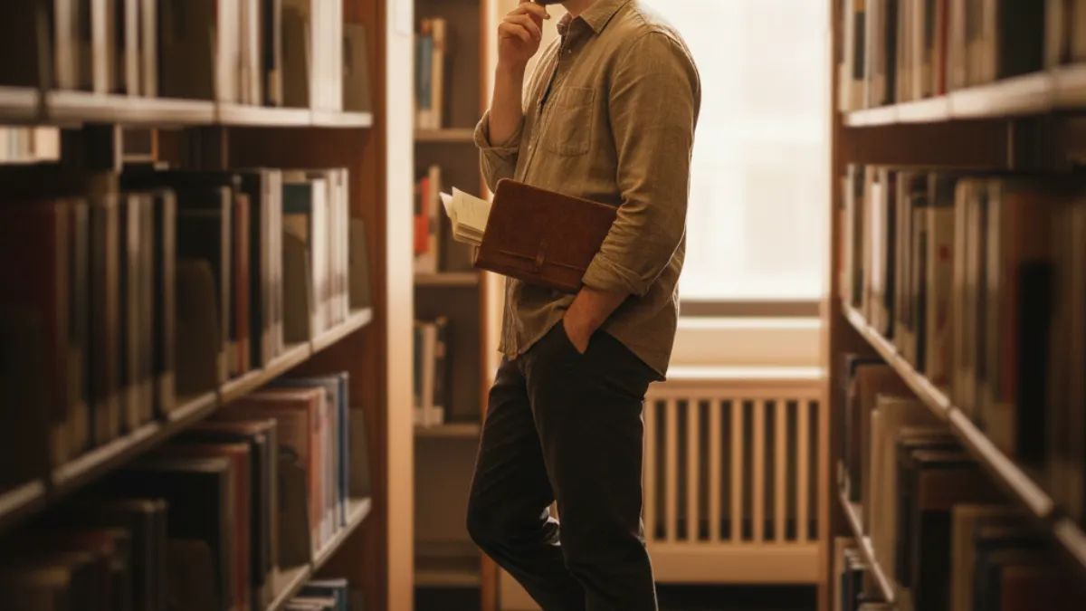 Content creator pauses in a library aisle while weighing AI text detector score conflicts.