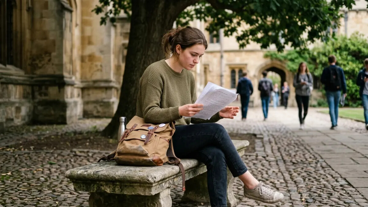 Student reading AI essay writer draft pages on a shaded courtyard bench