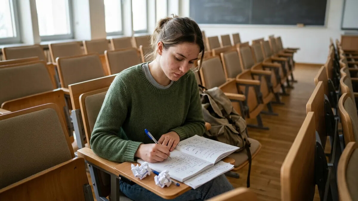 College student preparing AI essay writer notes in an empty lecture hall