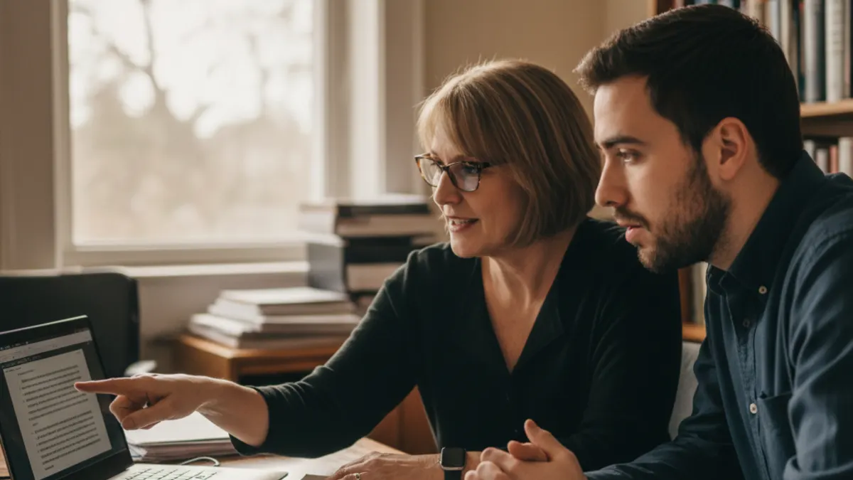 Instructor and student doing a final pre-submit review of claims and citations in an office meeting.