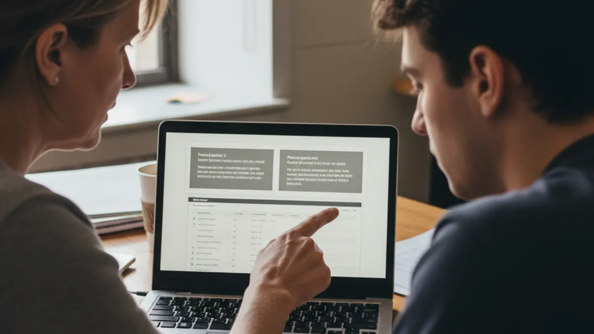Writing coach comparing two rewritten paragraphs against a grading rubric on a laptop.