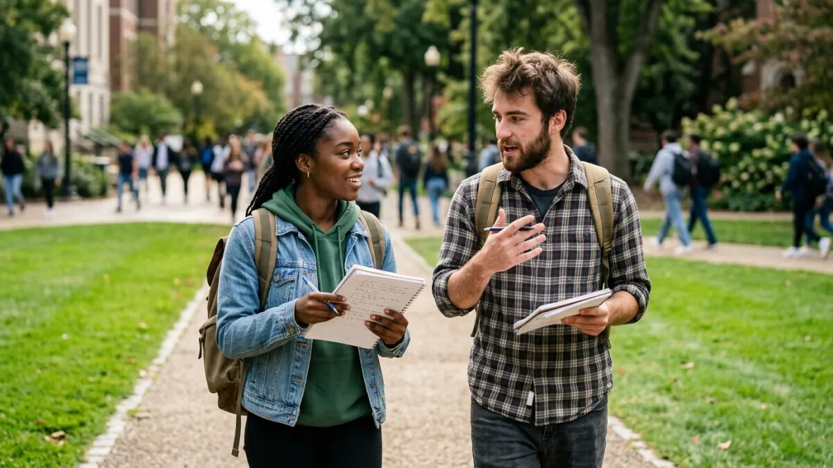 Two students discussing AI paraphrasing tool choices while crossing campus lawn
