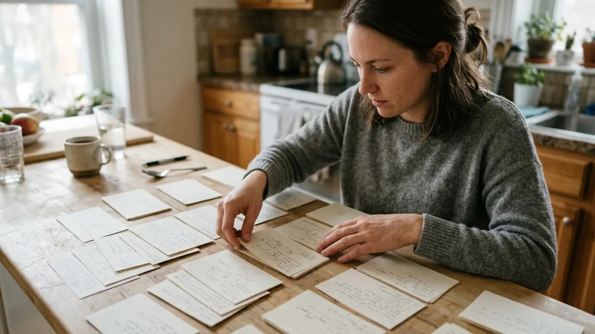 Graduate student sorting AI paraphrasing tool revision cards at a kitchen counter