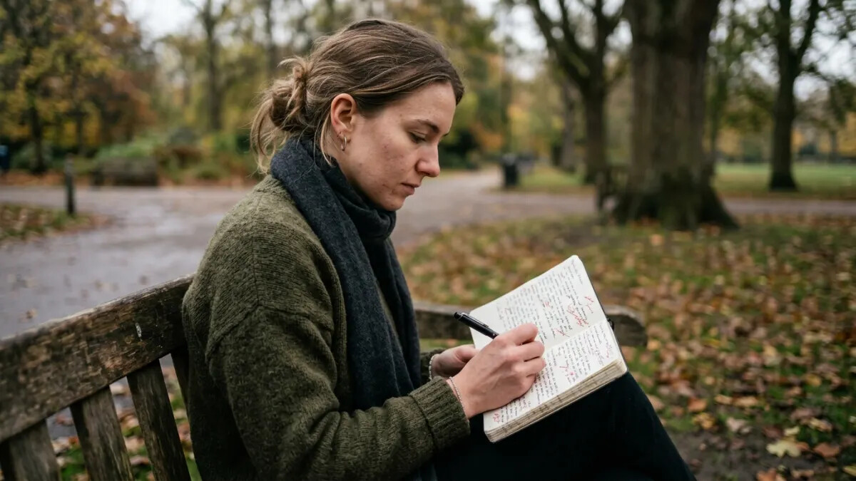 Writer using a best AI rewriter workflow on a park bench notebook
