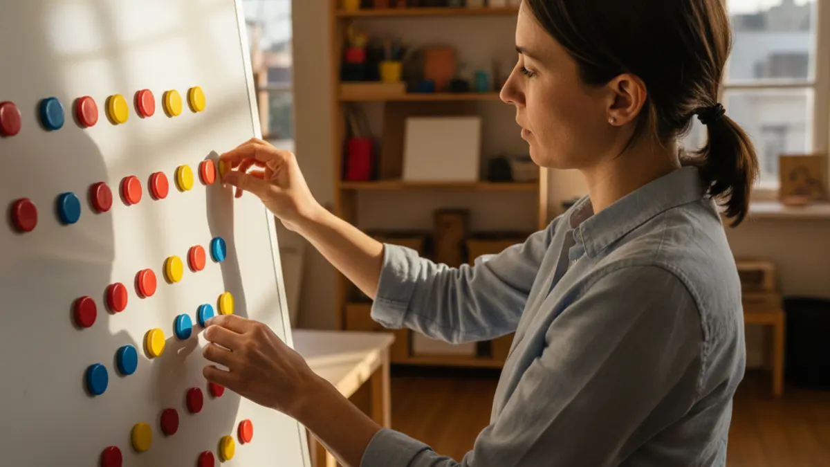 Teacher mapping a chatgpt checker workflow with blank magnets in an art classroom.