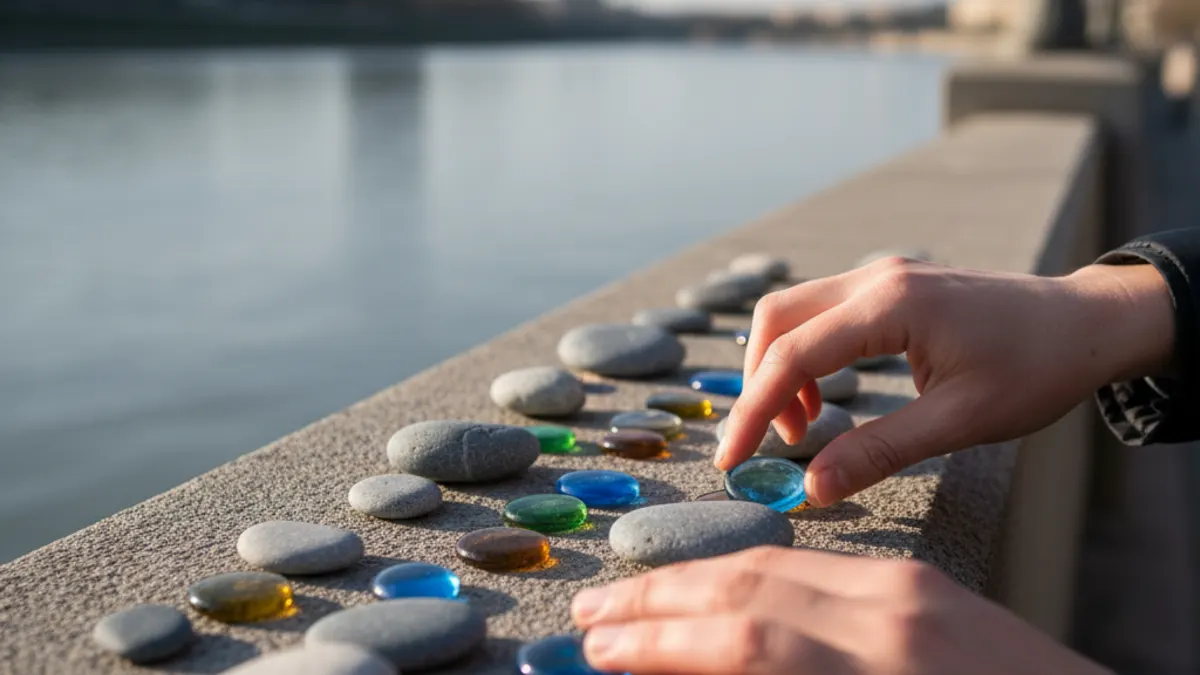 Writer framing chatgpt checker uncertainty with unmarked tokens beside a city river railing.