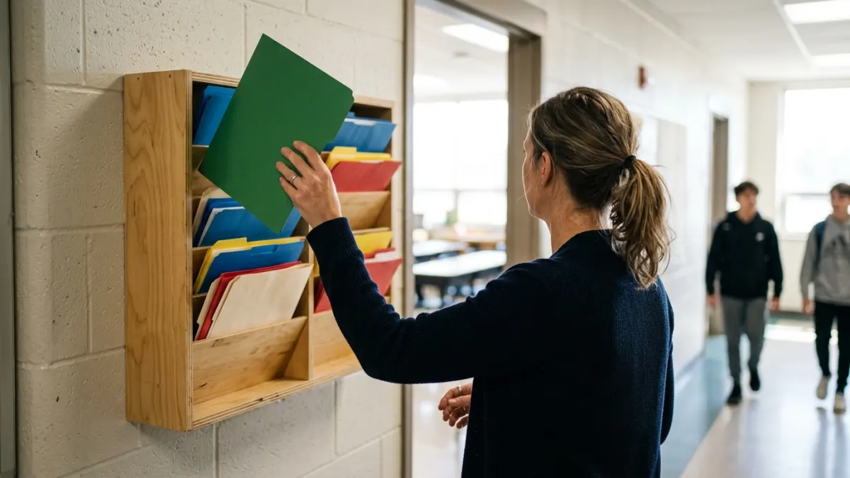 Instructor organizes folders for a chatgpt detector conflict workflow beside classroom wall cubbies.