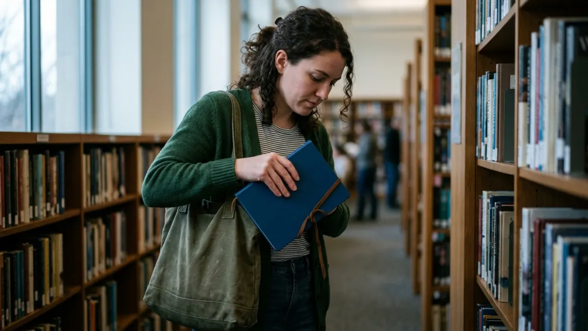 Student stores a notebook after a chatgpt detector evidence review in a library aisle.