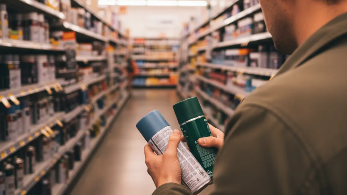 color palette generator research with a decorator comparing unmarked paint cans in a hardware aisle.
