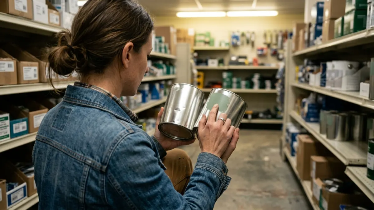 color palette generator research with a decorator comparing unmarked paint cans in a hardware aisle.
