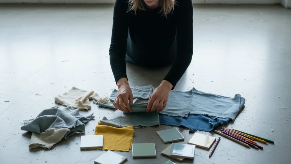 color palette generator material study with fabric scraps, colored pencils, and ceramic tiles on concrete.