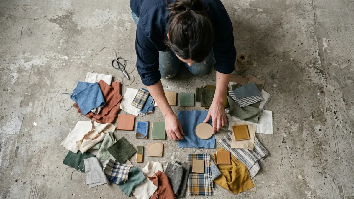 color palette generator material study with fabric scraps, colored pencils, and ceramic tiles on concrete.