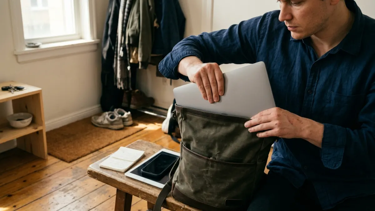 Creator packing a laptop and tablet for a Cursor AI device limits workflow at home.
