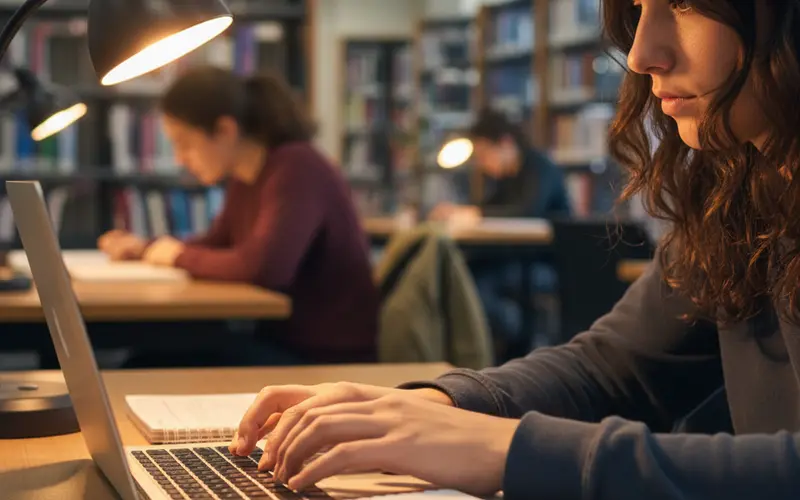 University student typing on a laptop keyboard with academic notebook nearby, library study setting
