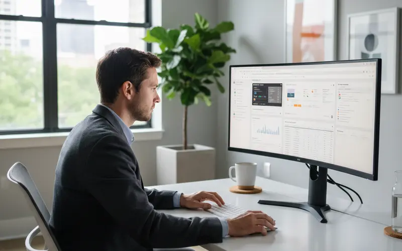 Professional person at a desk comparing information across multiple browser tabs on a monitor