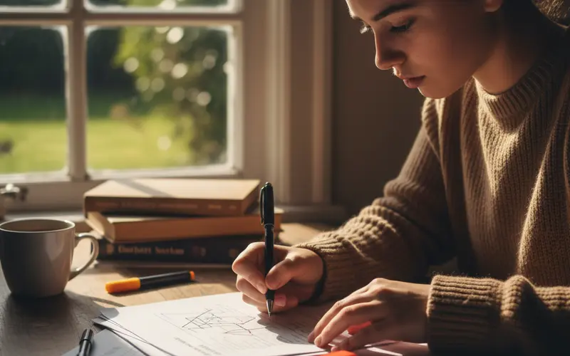Student carefully editing a printed document with a pen at a wooden desk near a window, natural daylight