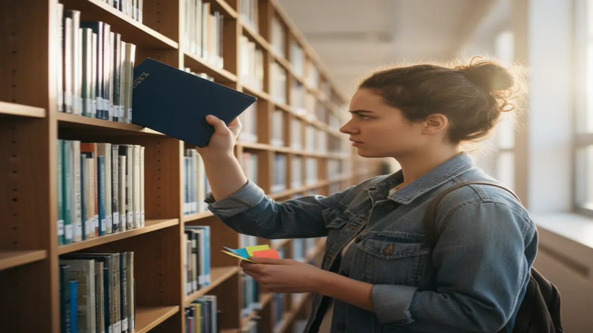 Library aisle scene with a student planning revisions for does Turnitin detect paraphrasing concerns.