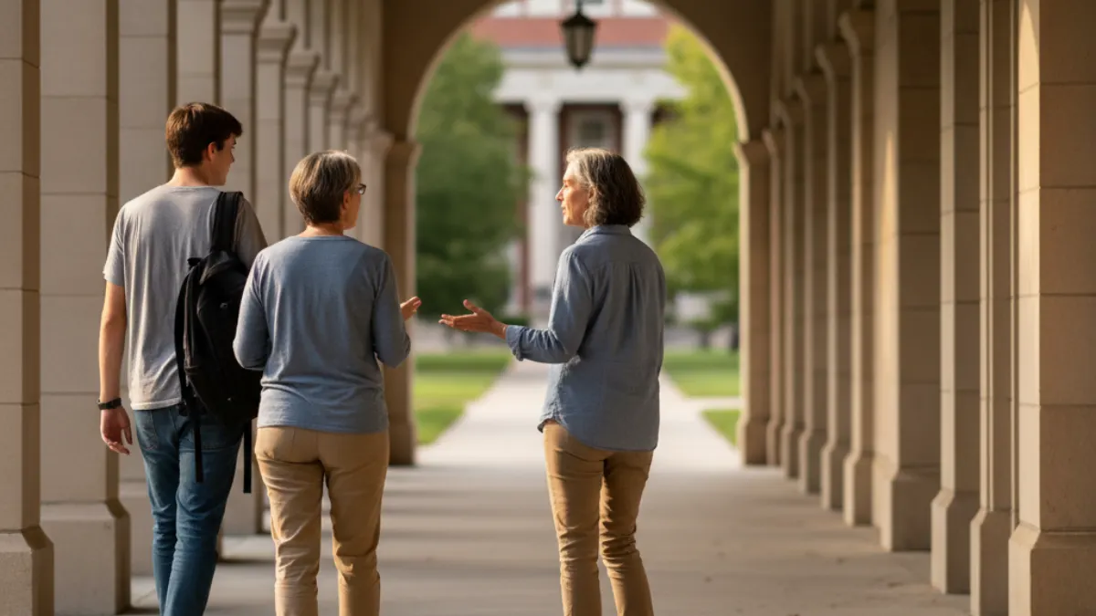 Two writers walk through a colonnade discussing gptzero accuracy evidence workflow.