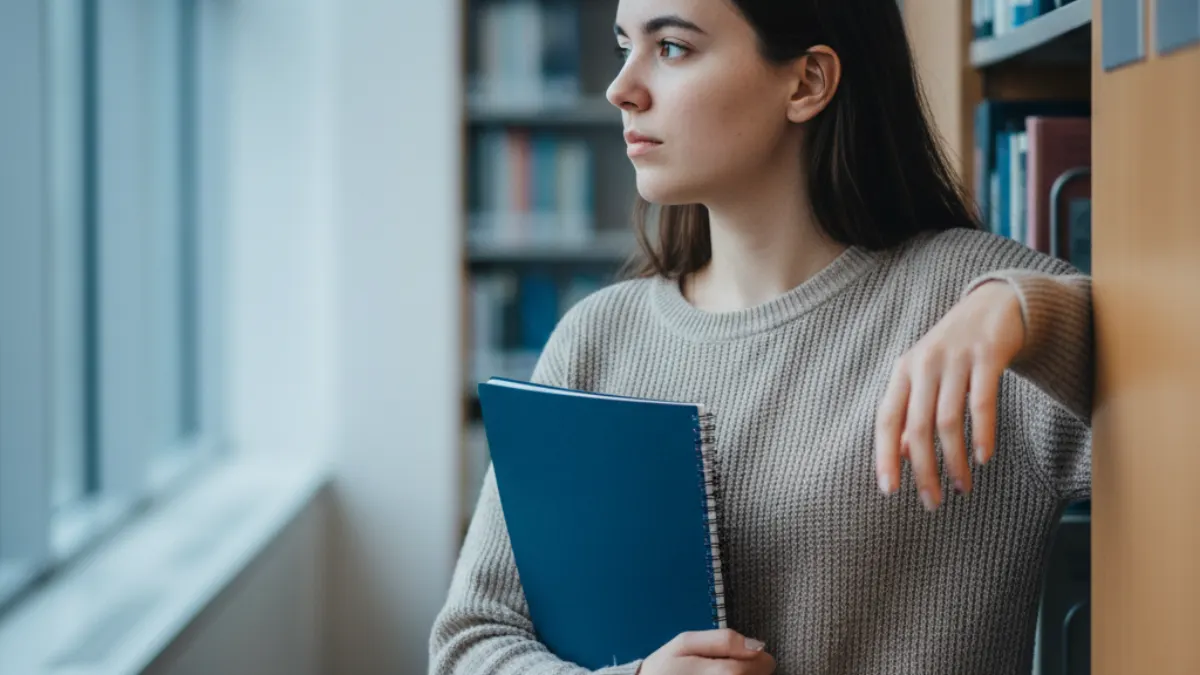 Student holds a notebook by library shelves while weighing gptzero accuracy false positives.