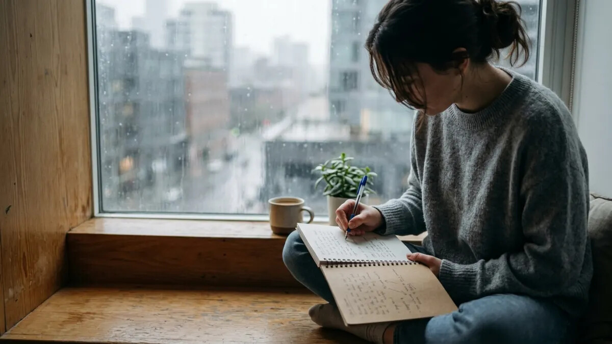 Blogger outlining AI for writing steps on a rainy windowsill bench