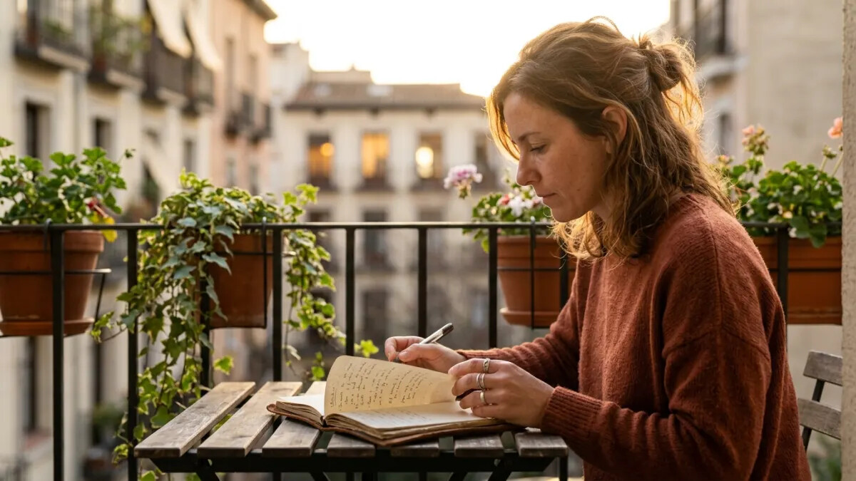 Freelance writer editing AI writing tools notes on a balcony at sunset