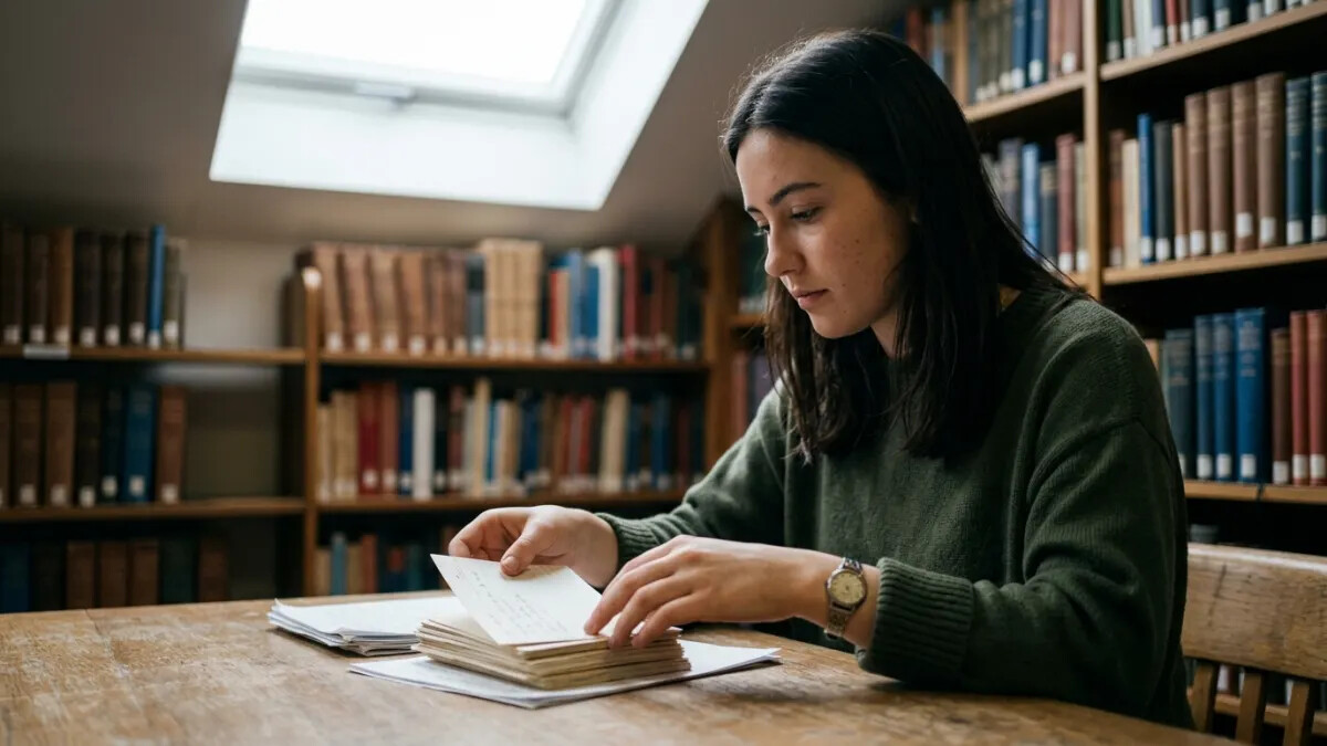 Student organizing AI writing tools notes in a quiet library reading nook