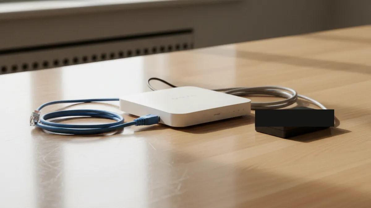 Plain router and network cables used to check whether Kling AI is safe to access