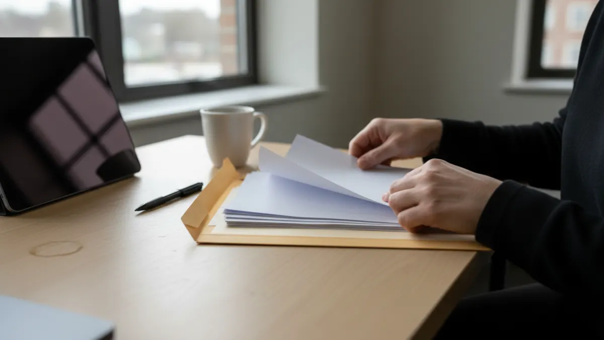 Instructor organizing blank essay review materials while evaluating why AI detector scores can differ.