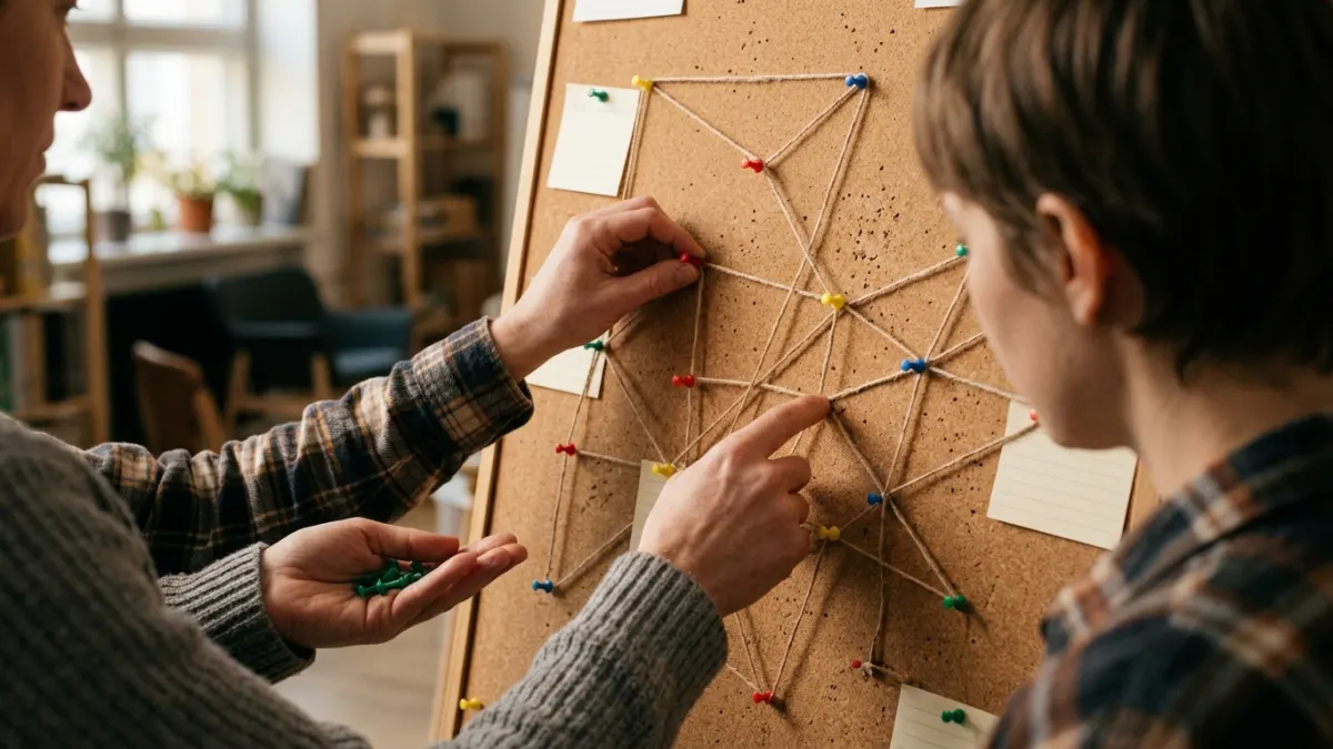 Two writers map keyword difficulty checker priorities with blank pins on a community cork board.