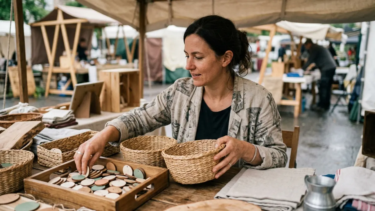 Market creator sorting keyword difficulty checker choices with blank colored tags in woven baskets.