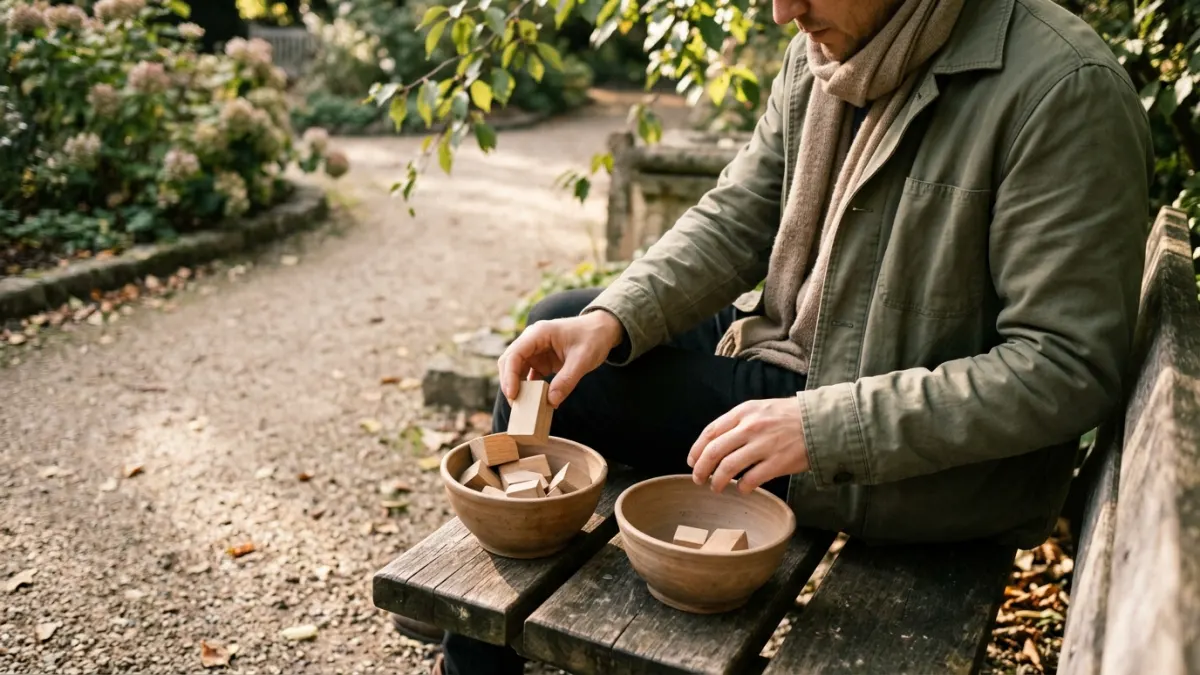 Creator budgets Kling AI access test renders with wooden blocks in a public garden.