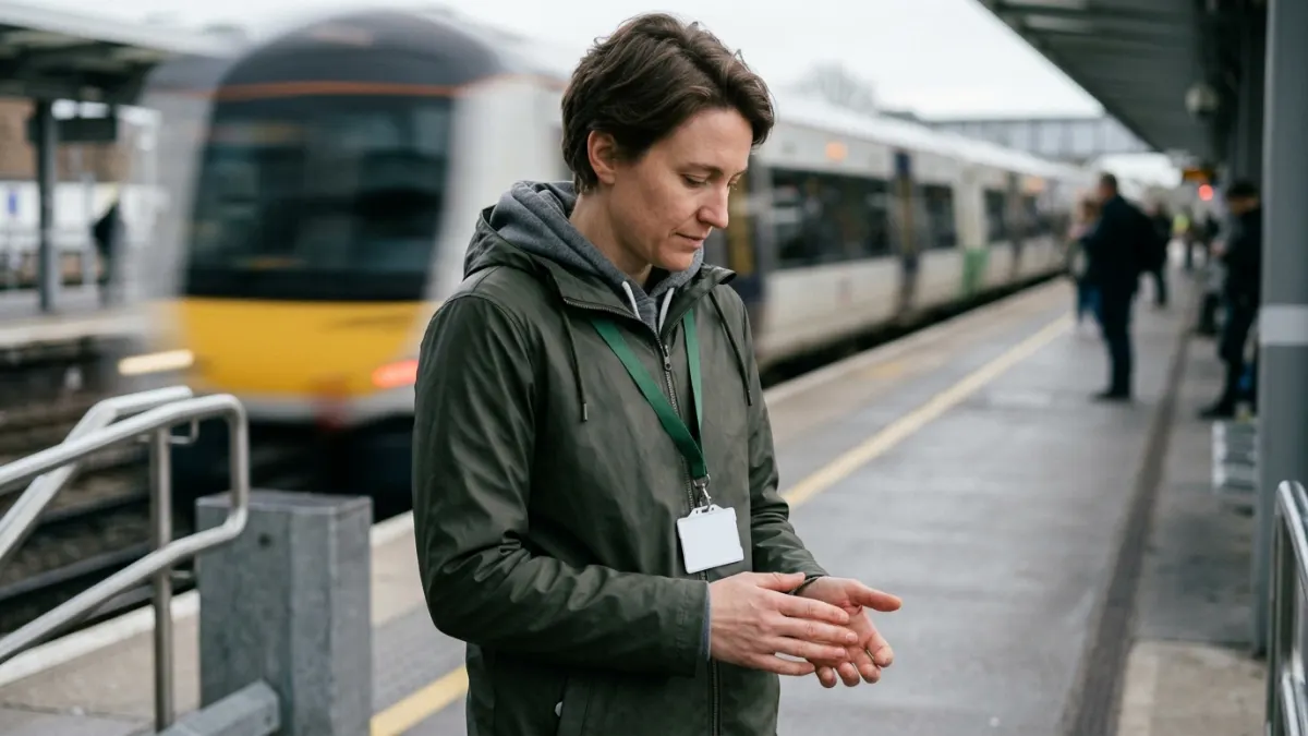 Commuter prepares Kling AI access setup with a blank lanyard badge on a platform.