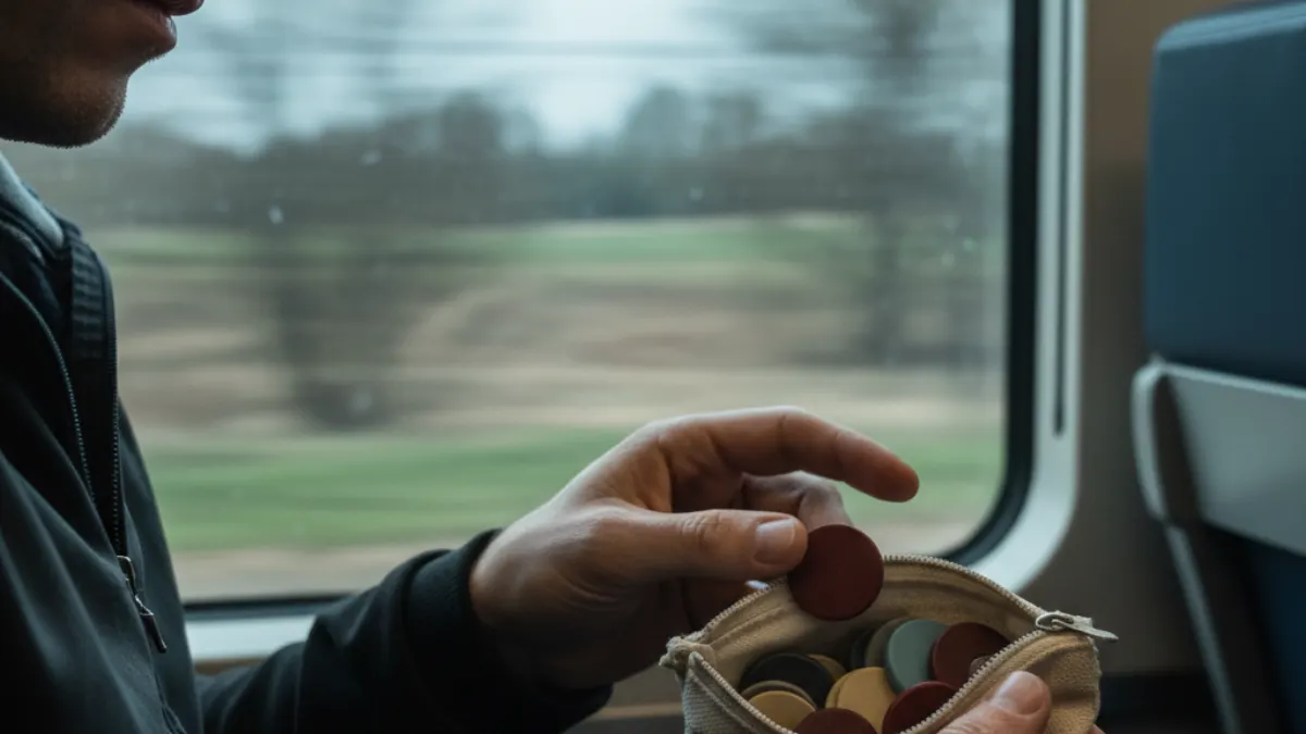 Content creator weighing phrasly ai review choices with color tokens during a train commute.