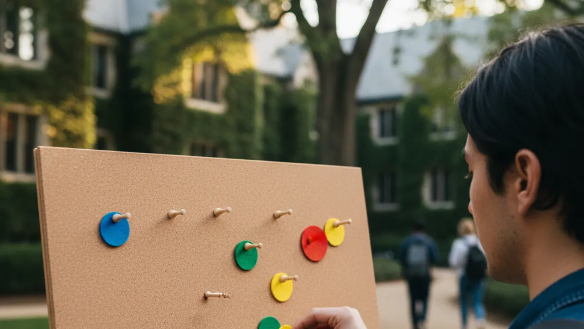 Student mapping phrasly ai review test criteria with color tokens on a campus cork board.