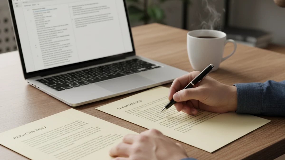 Writer comparing paraphrased drafts at a desk to check meaning retention and editing quality in a QuillBot alternative workflow.