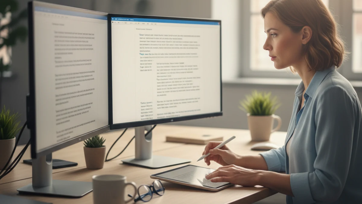 Content editor reviewing two rewrite outputs on screen to compare paraphrasing quality and select the strongest QuillBot alternative.
