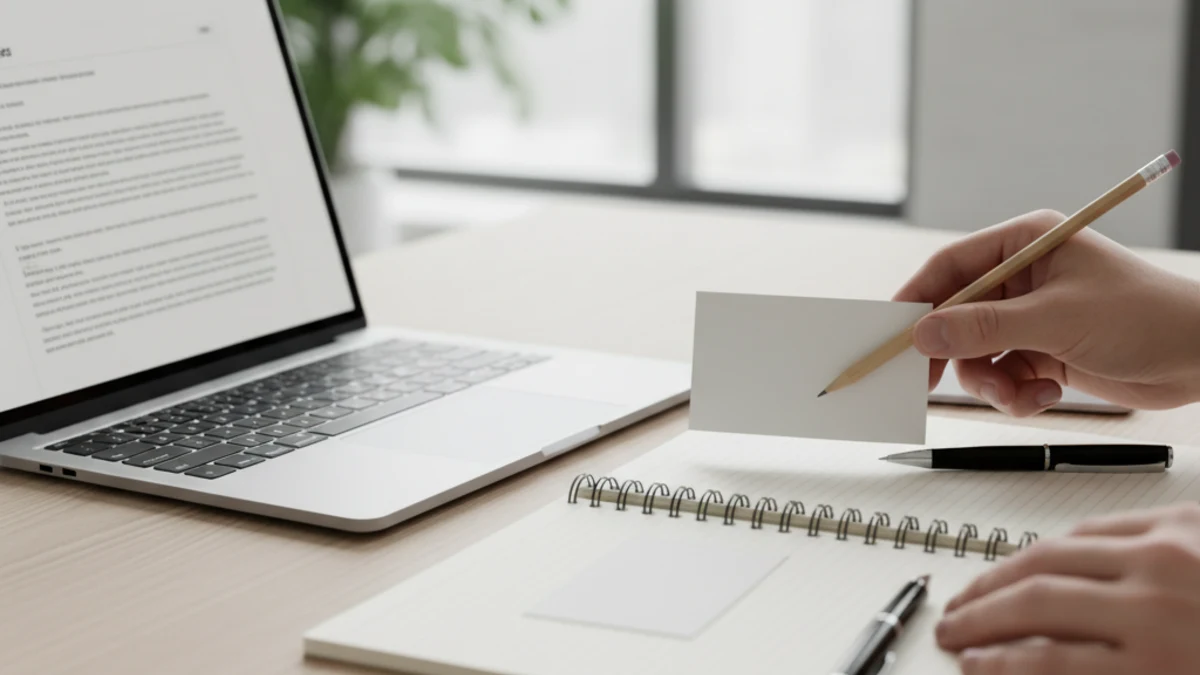 Editor organizing a practical draft rewrite and verification process on a laptop and notebook, illustrating a structured paraphrasing workflow.
