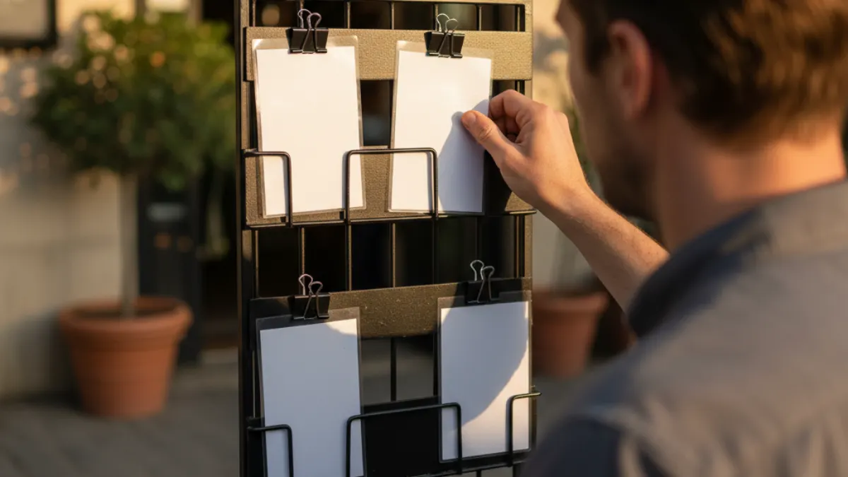 schema markup generator field check with blank content cards clipped to a portable stand outdoors.