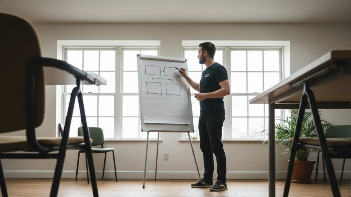 schema markup generator workshop with an SEO trainer drawing unlabeled structure blocks on a whiteboard.