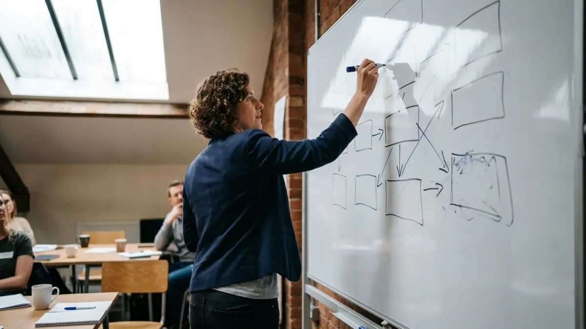 schema markup generator workshop with an SEO trainer drawing unlabeled structure blocks on a whiteboard.