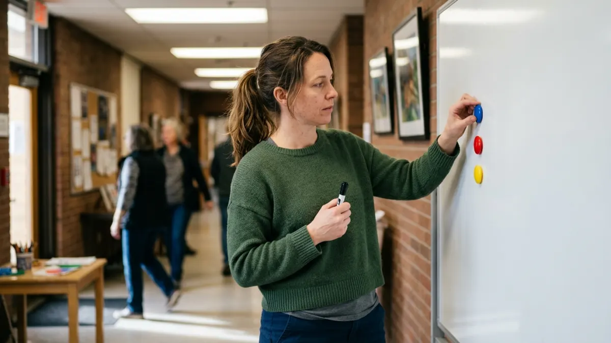 Adult learner builds a text spinner quality-check sequence beside a blank hallway whiteboard.