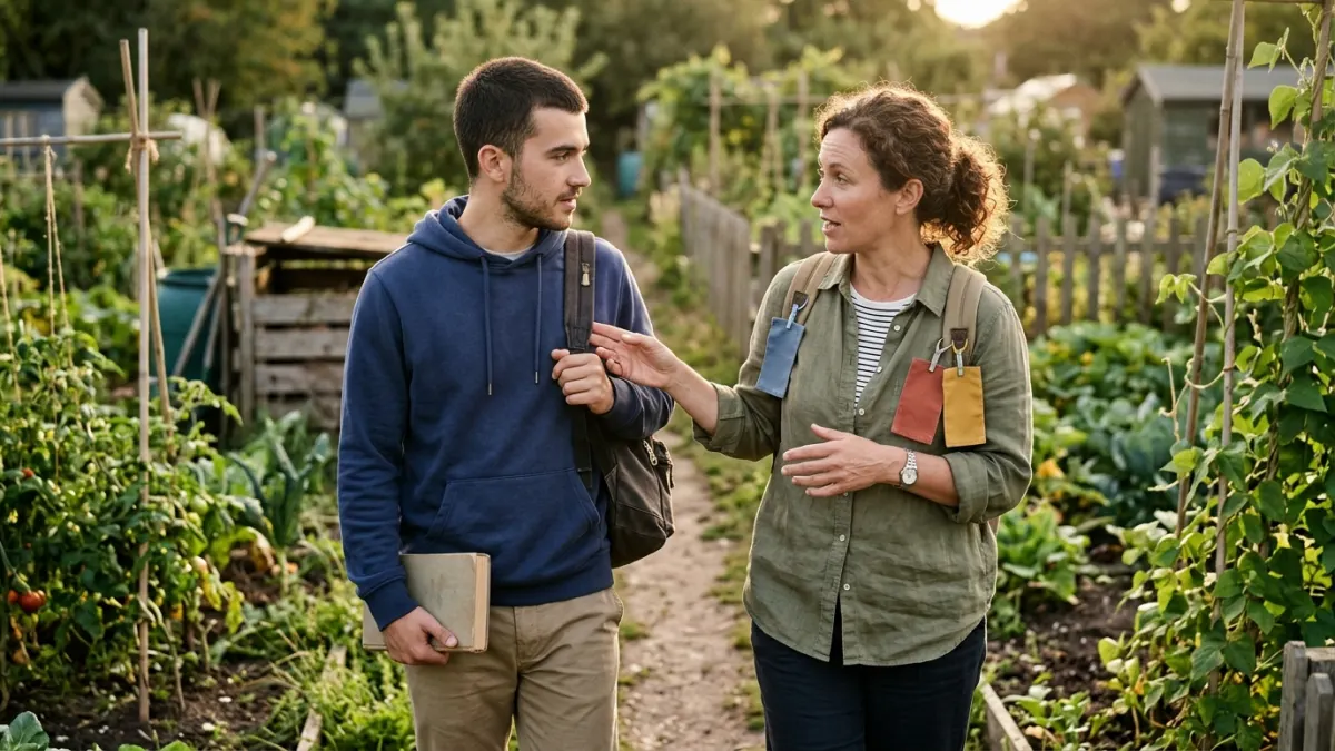 Content coach guides a text spinner workflow during a calm walk through allotment gardens.