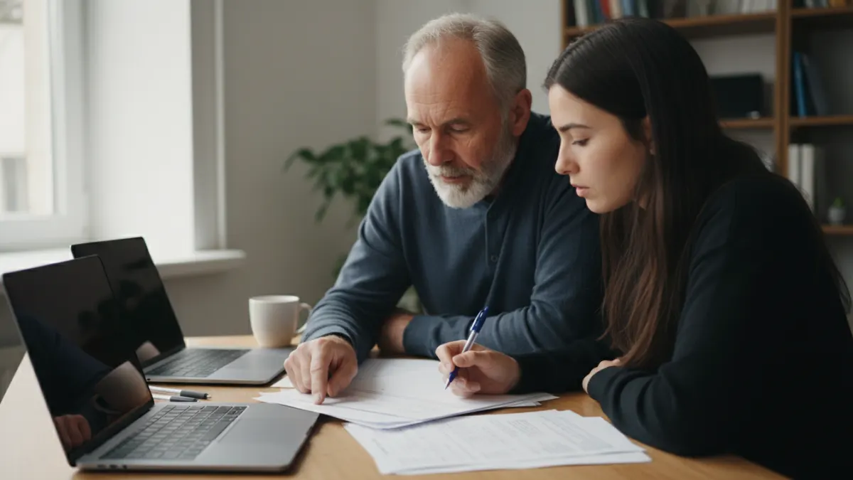 Professor and student discussing an essay draft at a desk during an academic AI detection conversation.