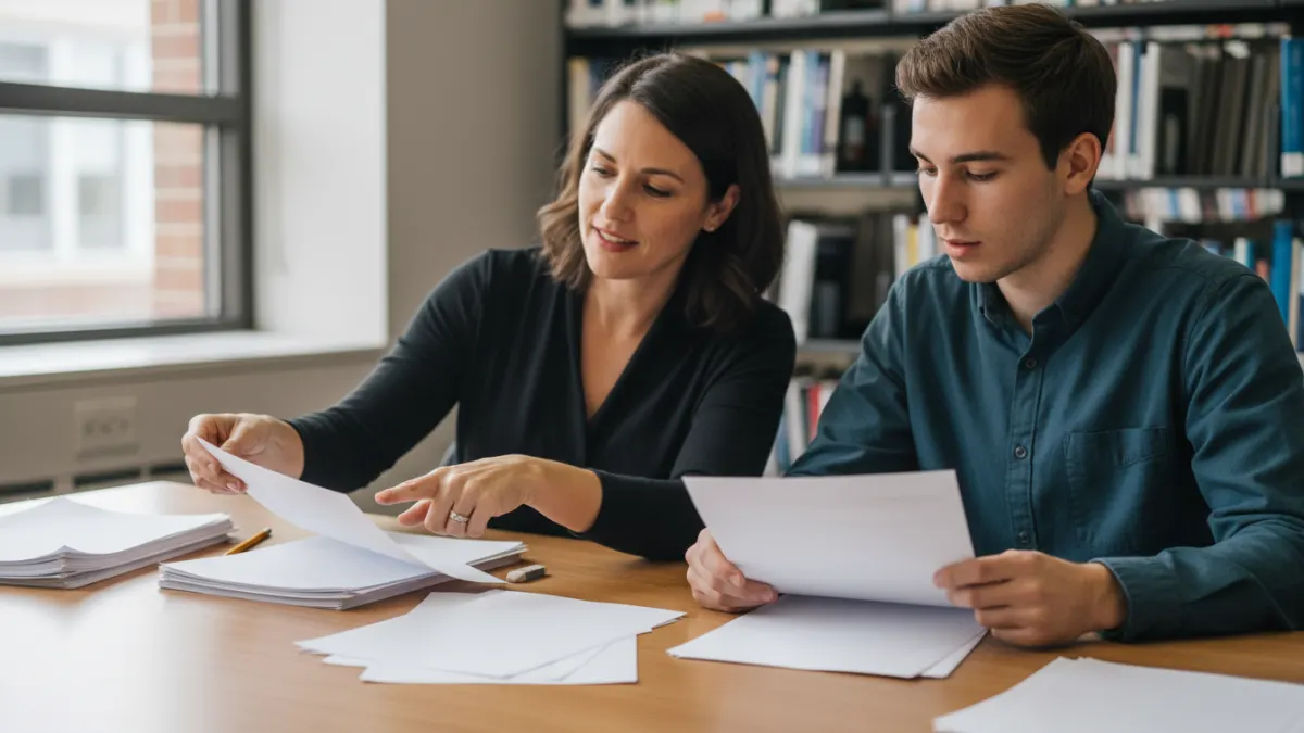 Academic writing tutor and student reviewing blank essay pages during a Turnitin AI detection preparation session.