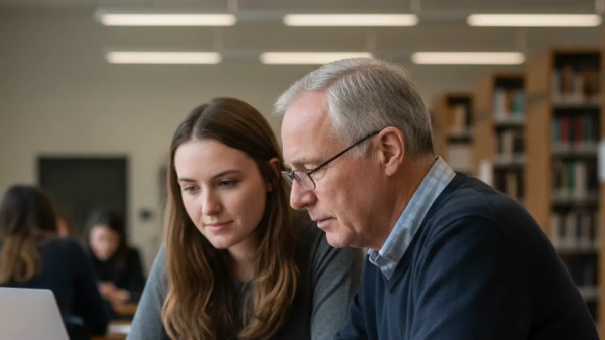 A student and academic tutor review a laptop together in a campus study room while discussing Turnitin AI detection concerns.