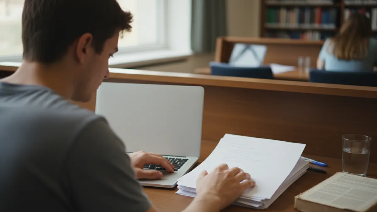 Student reviewing assignment materials at a library desk while preparing for Turnitin AI detection concerns.
