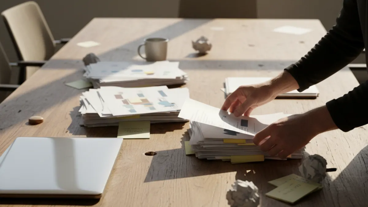 Researcher organizing draft evidence and citation notes for AI score review with realistic perspective and anatomy.