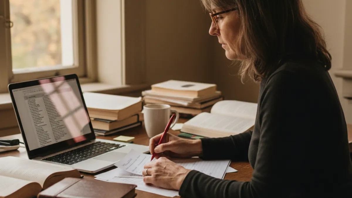Instructor annotating student writing while reviewing text-only material on a laptop.