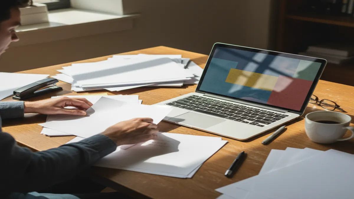 Student organizing a Turnitin evidence packet with draft history and report screenshots on a desk.